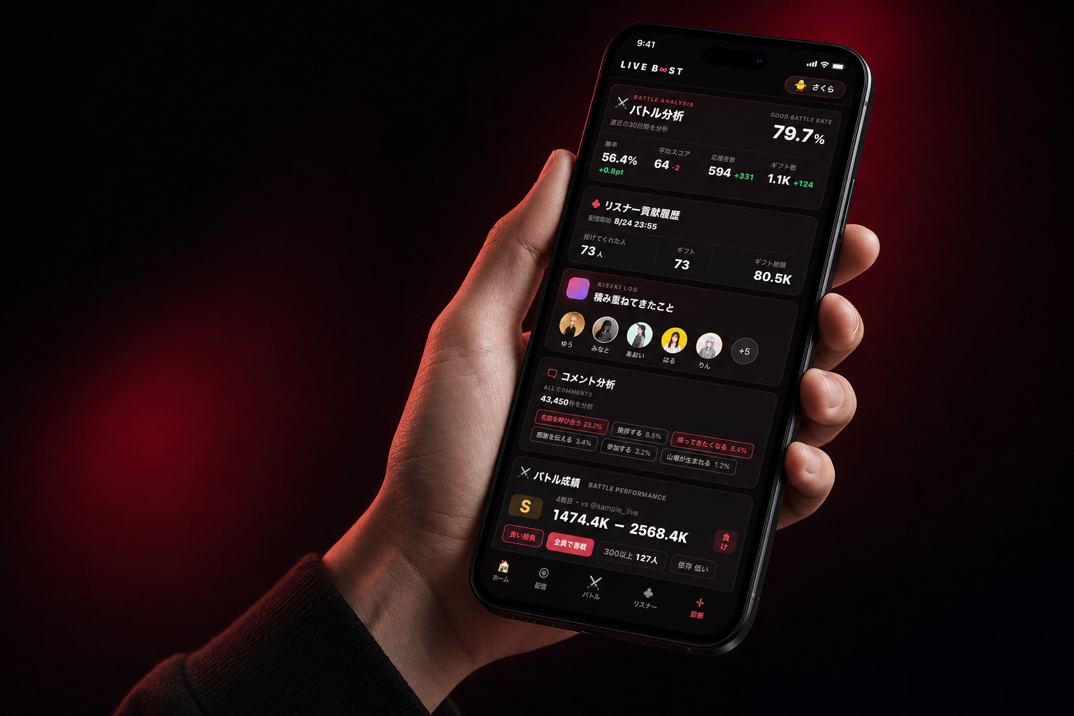 手に持ったスマートフォンでLIVE BOOSTの分析画面を見ているイメージ