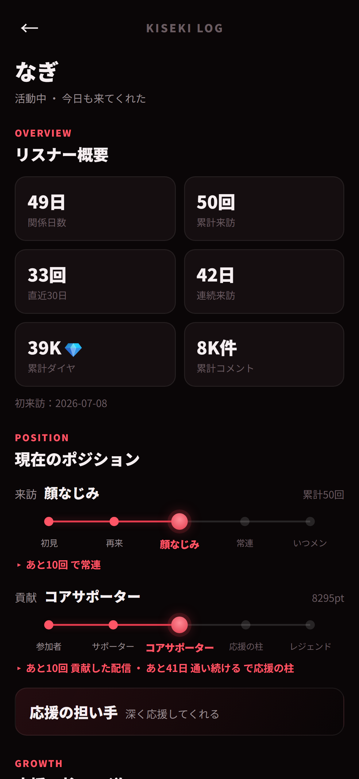 リスナーとの思い出を残すKISEKI LOG画面